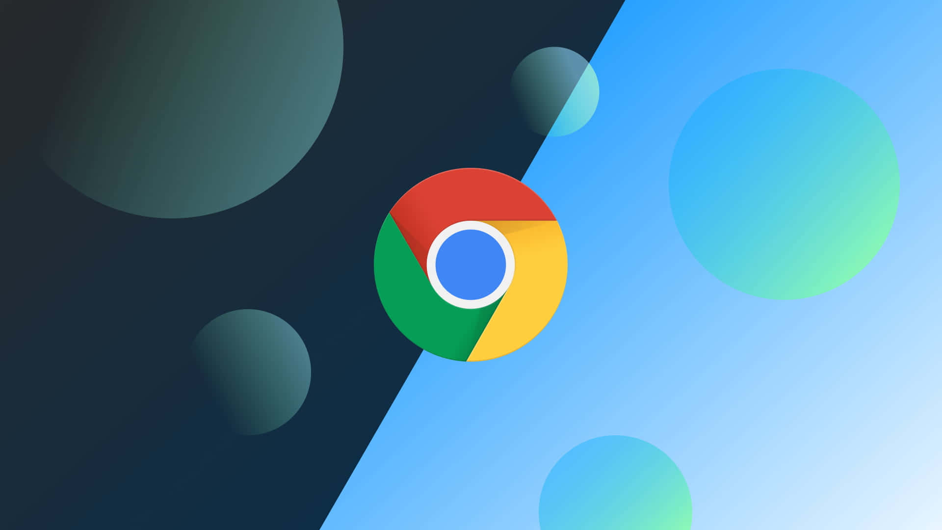 Google Chrome 標誌帶有浮動漸變圓圈，位於分割的藍色和青色背景上。 — Google Chrome GIF 壁紙