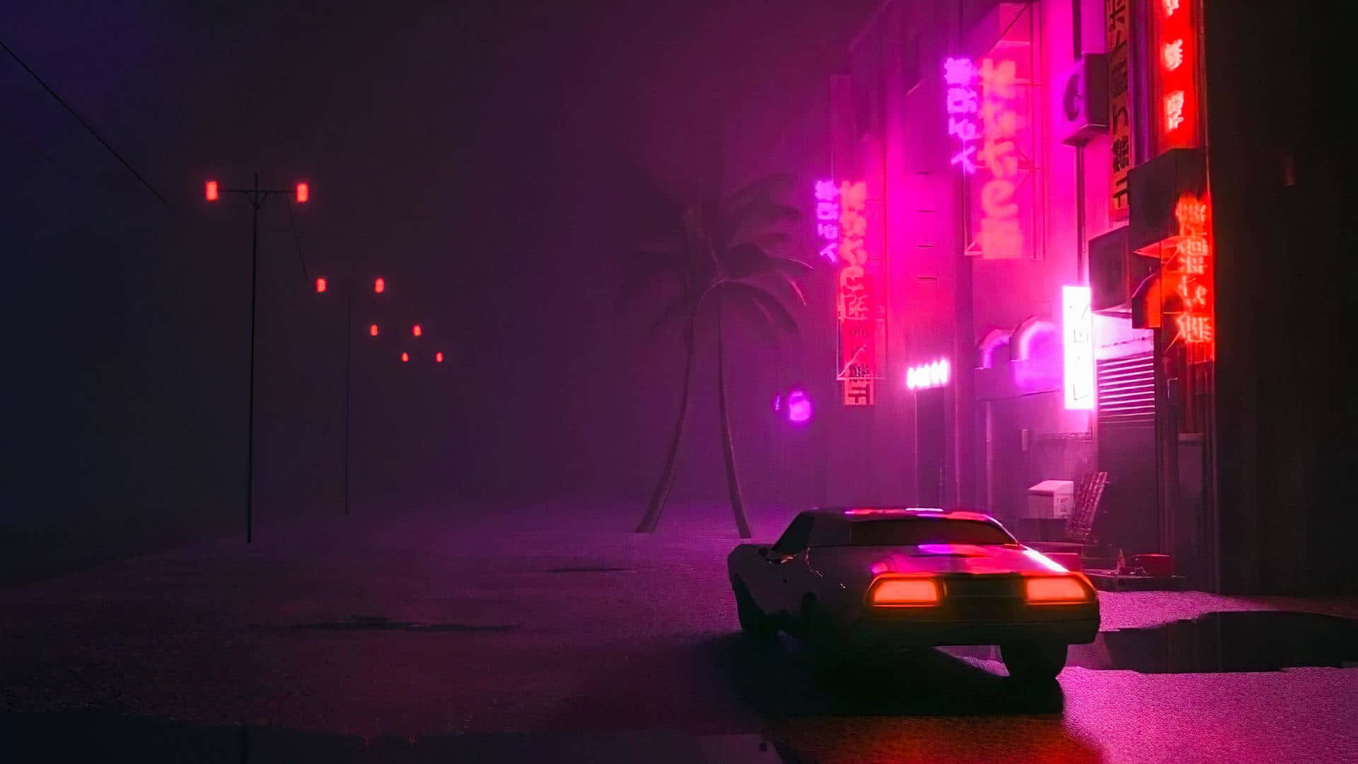黑色跑車停泊在潮濕街道上，在雨中 cyberpunk 城市中閃爍的霓虹招牌下。