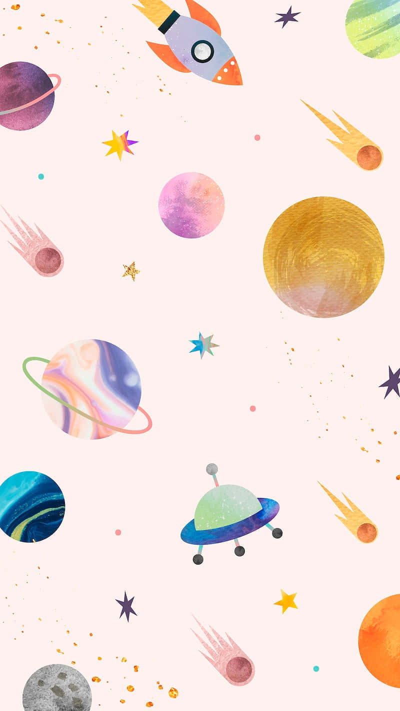探索圖形 iPhone 的色彩 壁紙 — 一幅夢幻的水彩太空場景，色彩繽紛的行星、火箭和星星漂浮在柔和的粉紅色背景上。