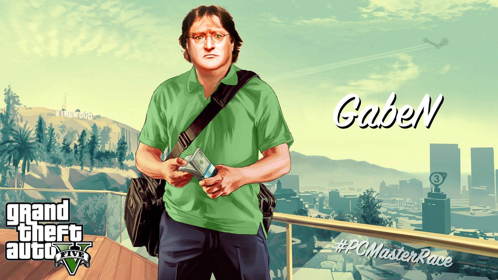 GTA V角色手持現金，帶有「GabeN」和「#PCMasterRace」文字。
