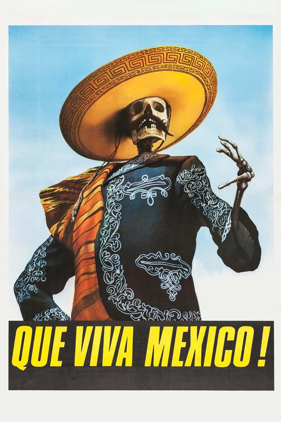 一個穿著節日墨西哥服裝的骷髏在藍天下揮手，並有「Que Viva Mexico!」文字。