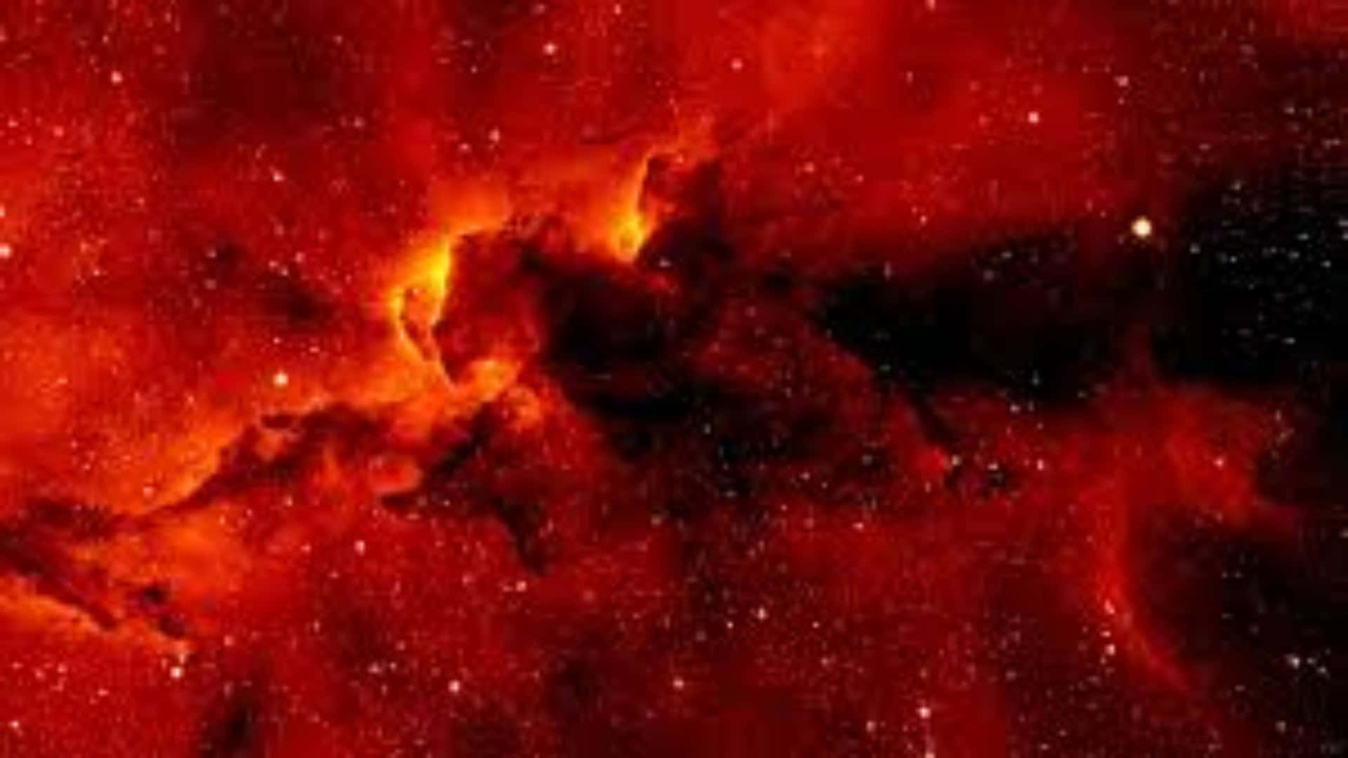 深空中帶有發光橙色中心和散落星星的鮮豔紅色星雲。