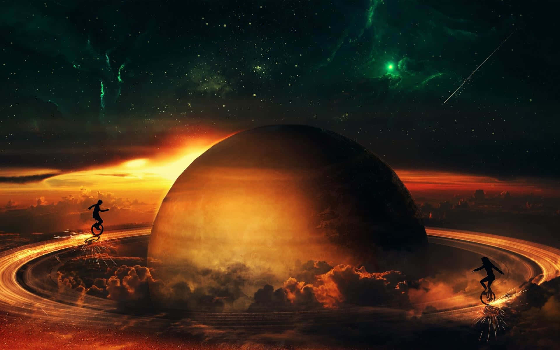 兩個人在發光環上騎獨輪車，圍繞著有極光和星星的行星。