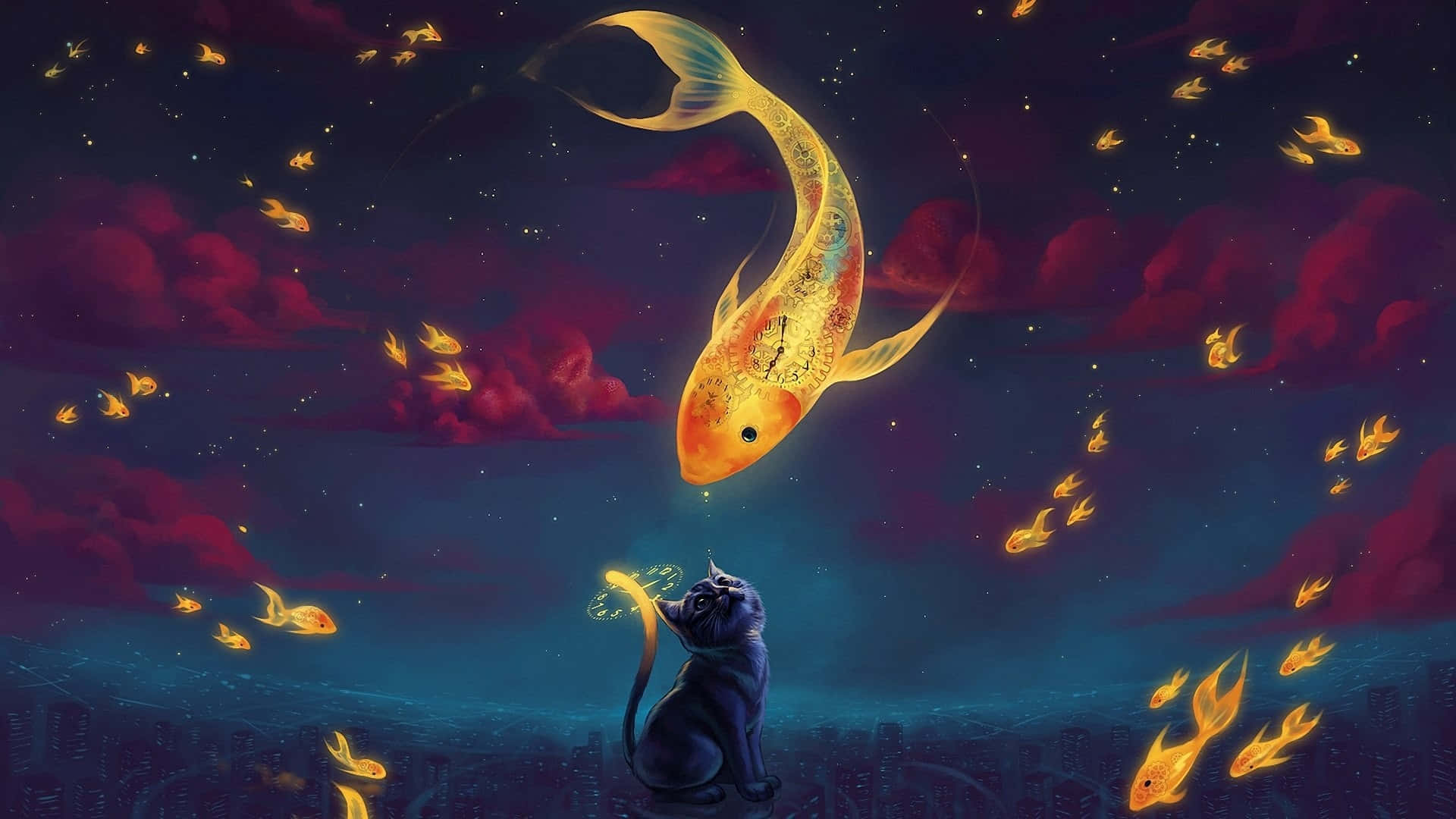 探索外太空 壁紙 — 一隻黑貓抬頭凝視著一條發光的金色錦鯉，在佈滿小魚的星空暮色中游動。