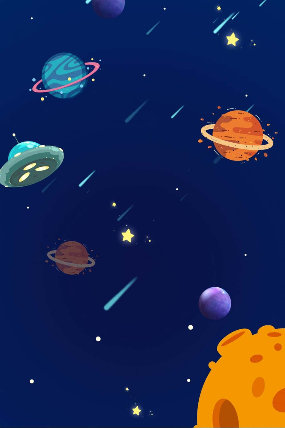 探索外太空！ 壁紙 — 一個異想天開的卡通太空場景，有色彩繽紛的行星、環、星星，以及一個在流星中漂浮的UFO。