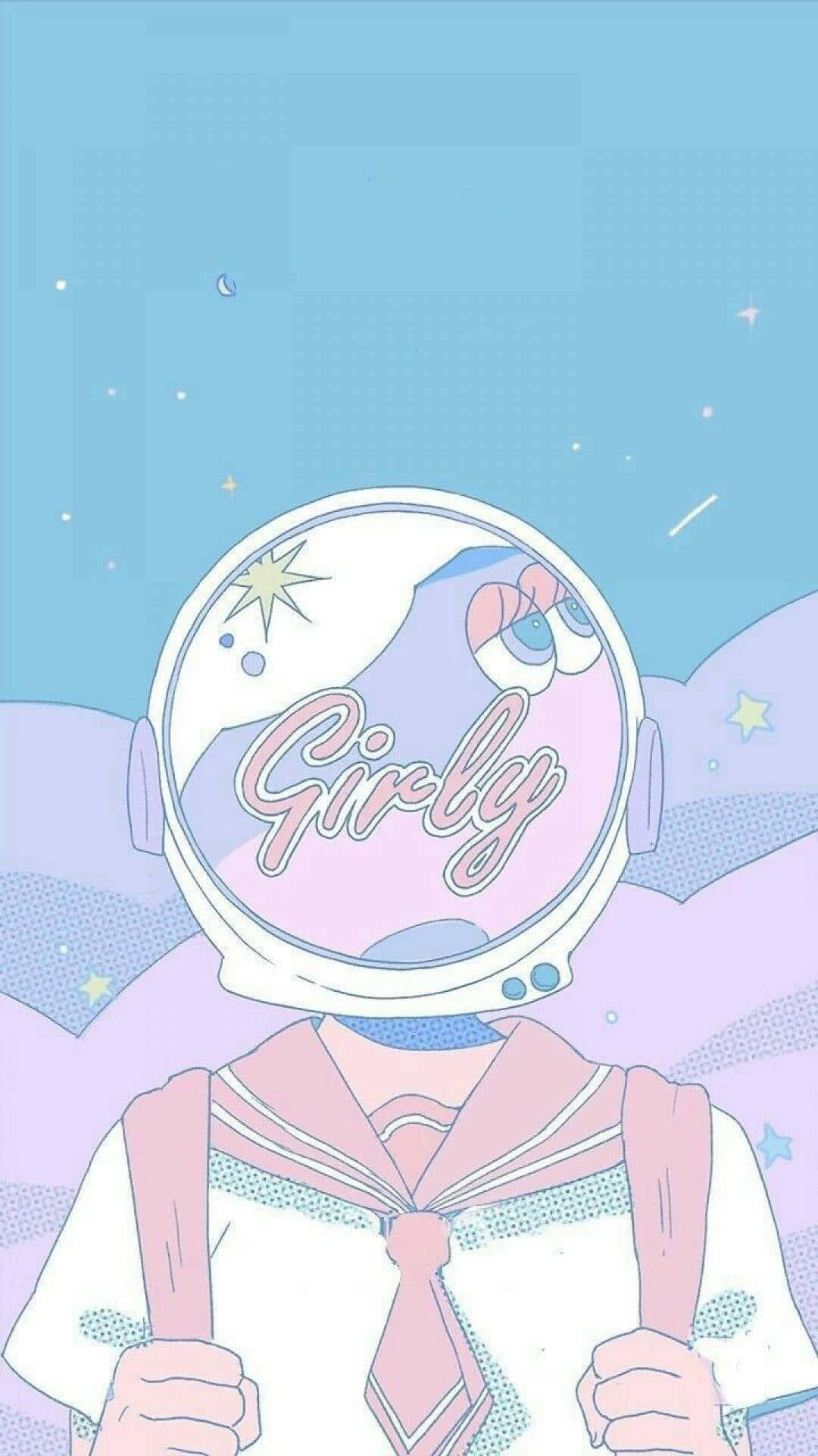 動漫女孩穿著水手服，戴著標有girly的太空人頭盔，漂浮在星空中。
