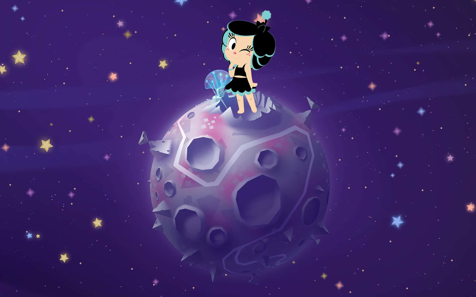 動漫女孩在尖刺月亮上，星空紫色天空