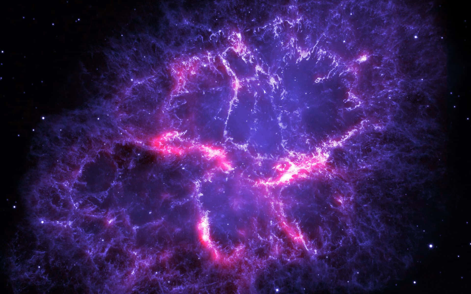 在深空中發光的充滿活力的紫色和粉紅色宇宙星雲，散佈著星星。