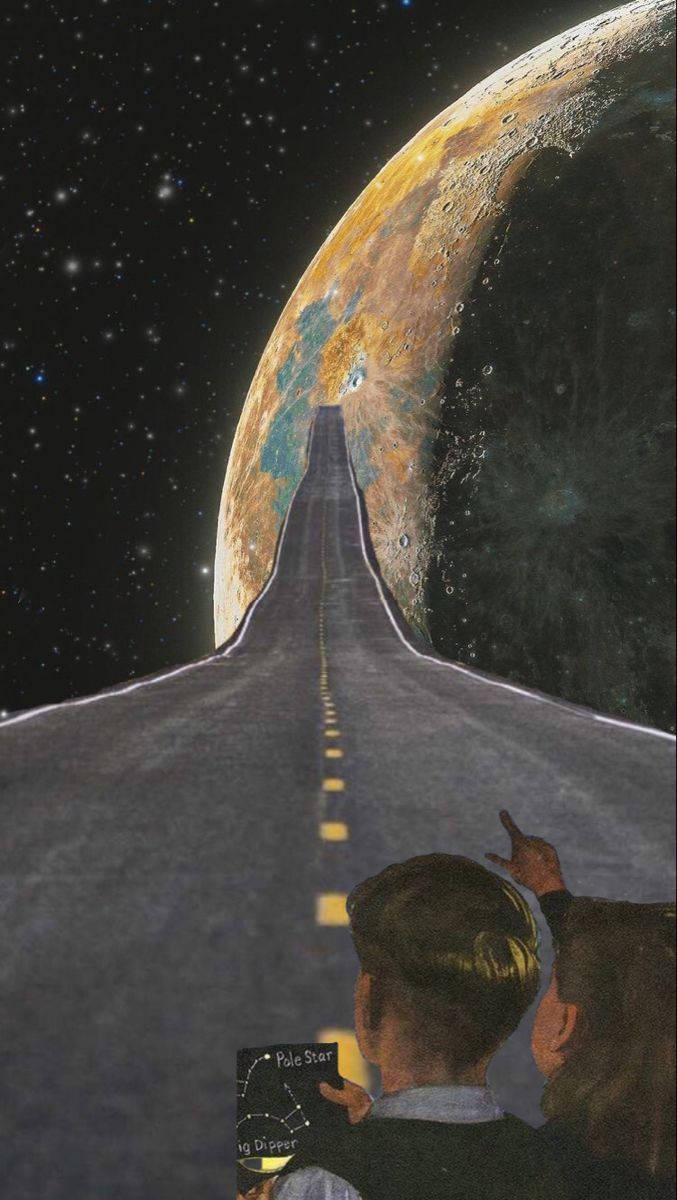 兩個人仰望一條通往星球的道路，星空下。