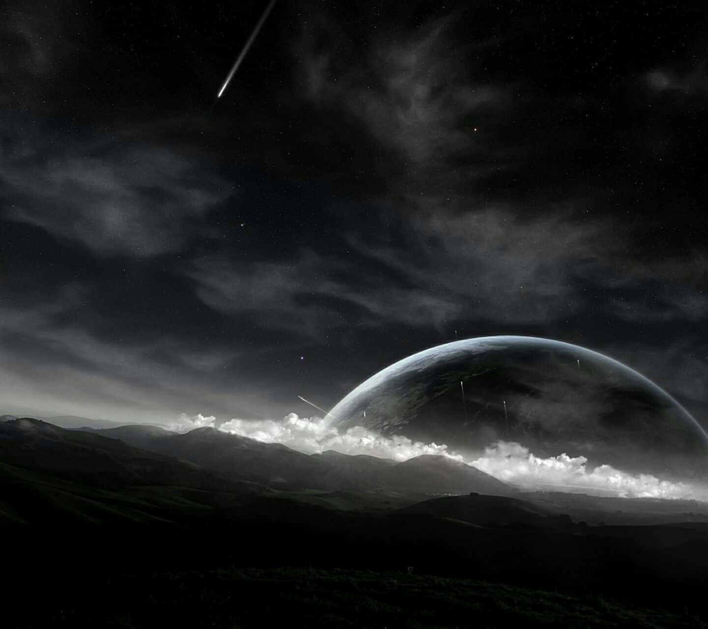 在繁星點點的夜空下，行星從山巒後升起，伴隨著流星。