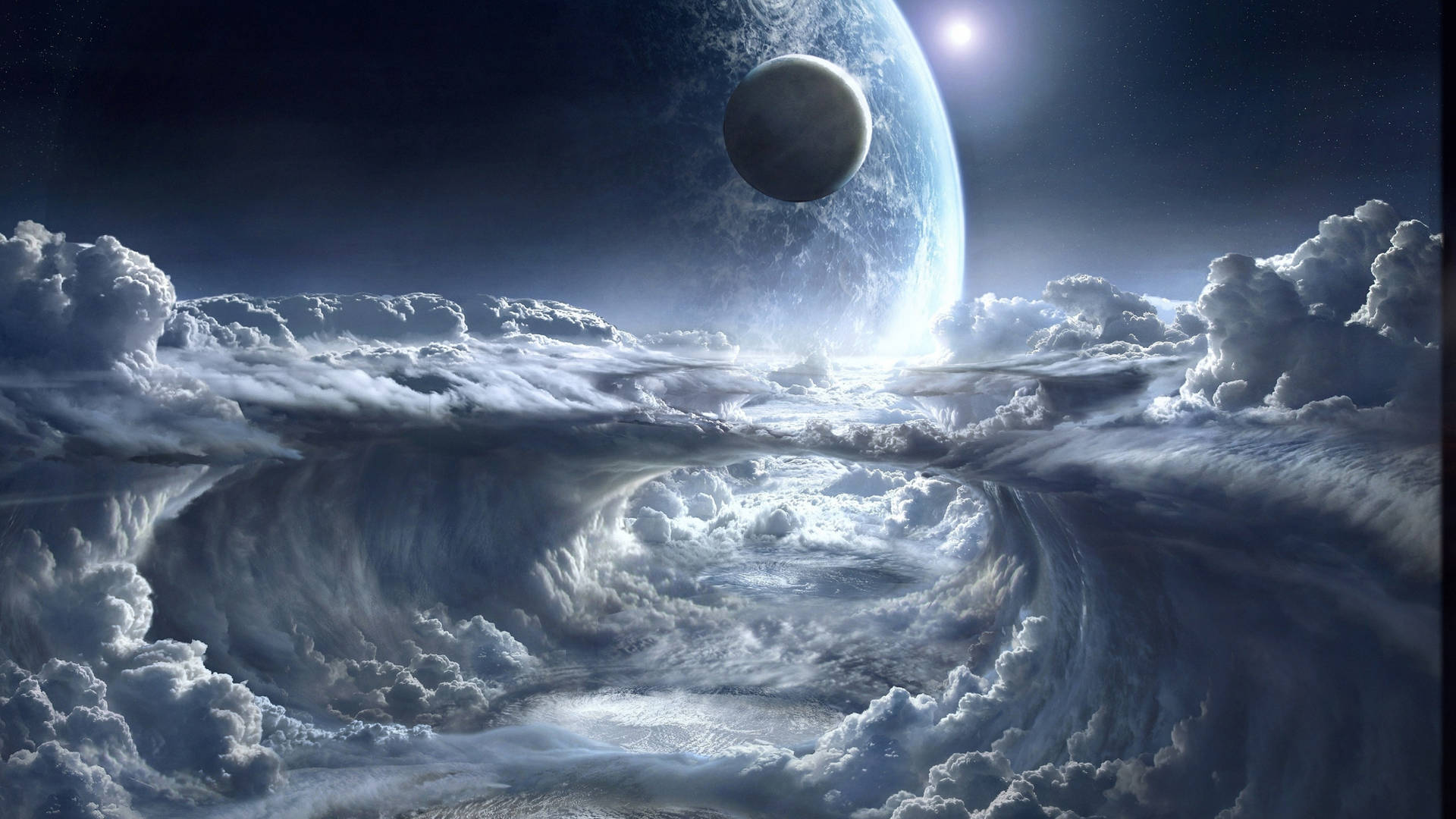 一顆行星和月亮懸浮在太空中旋轉的雲海之上。