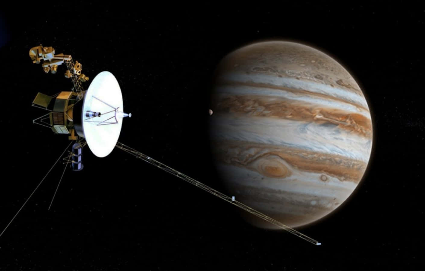 太空船飛近木星，其標誌性的條紋大氣層清晰可見。