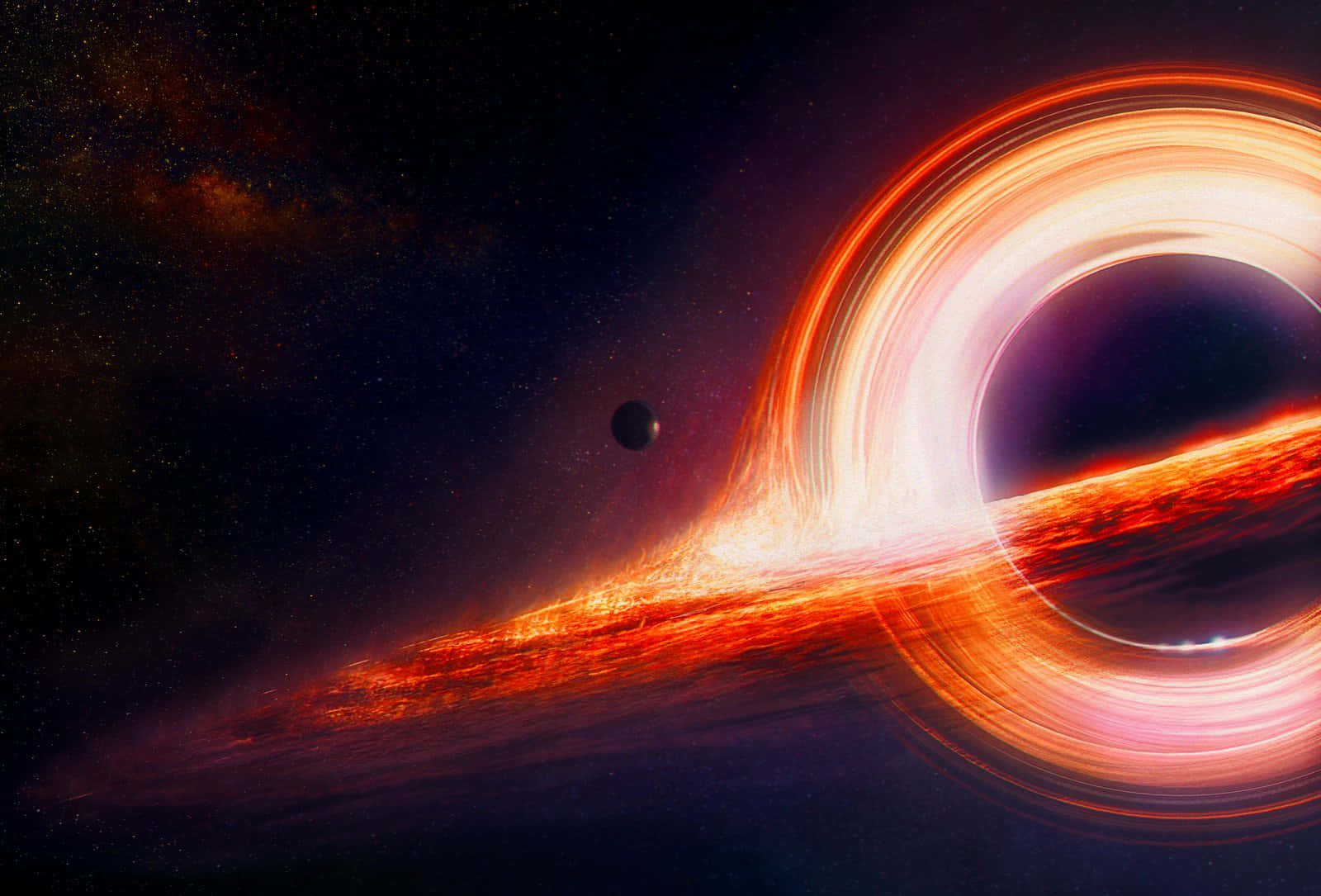 探索外太空的無垠 壁紙 — 一個宇宙黑洞帶有發光的吸積盤，在繁星點點的夜空中猛烈旋轉。