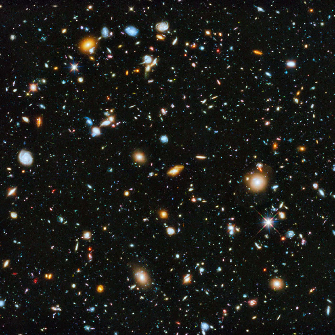 深空中密集的彩色星系和明亮恆星場。
