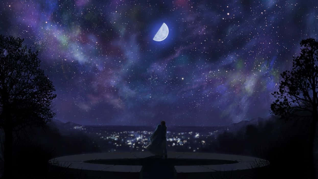 一個人的剪影，凝視著發光城市上方的星空夜空。