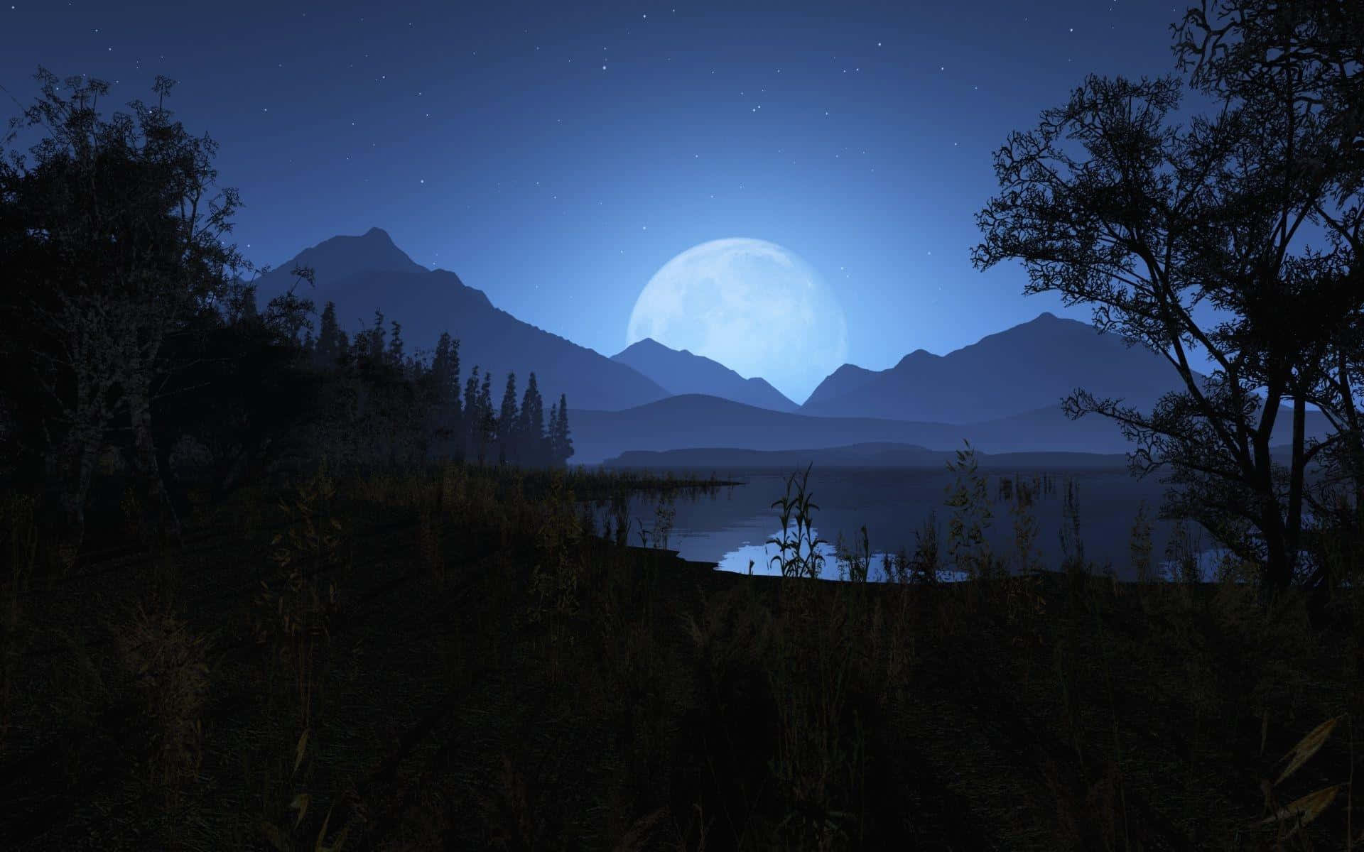 滿月在山巒和湖面上空升起，夜晚的剪影樹木。