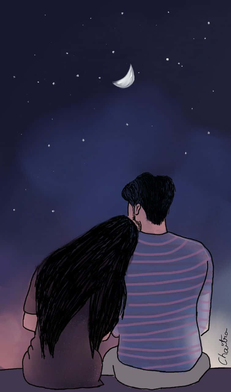 探索夜空之美 壁紙 — 一對情侶並肩而坐，仰望深藍夜空中的新月和閃爍的星星。