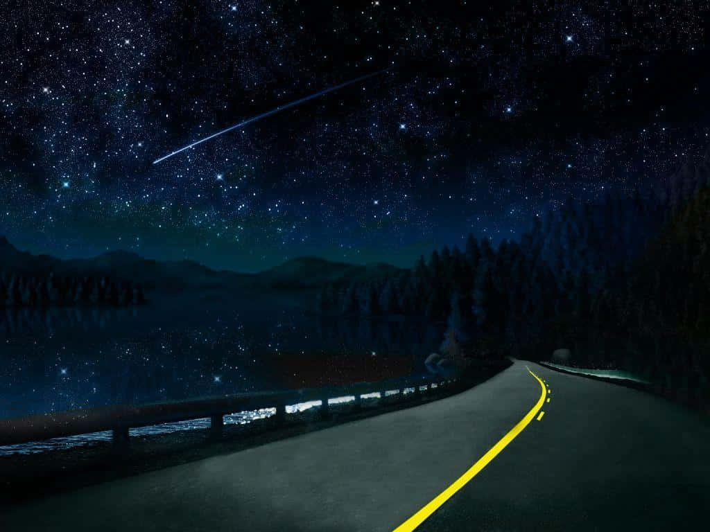 夜晚蜿蜒的道路，星空下，流星掠過湖泊和森林。