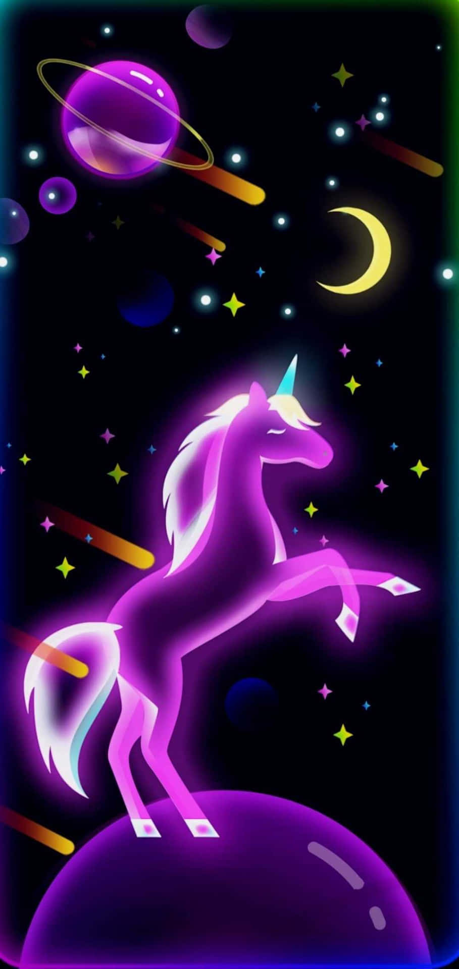 一隻發光的紫色獨角獸站在一個行星上，處於充滿星星和新月的生動宇宙場景中。
