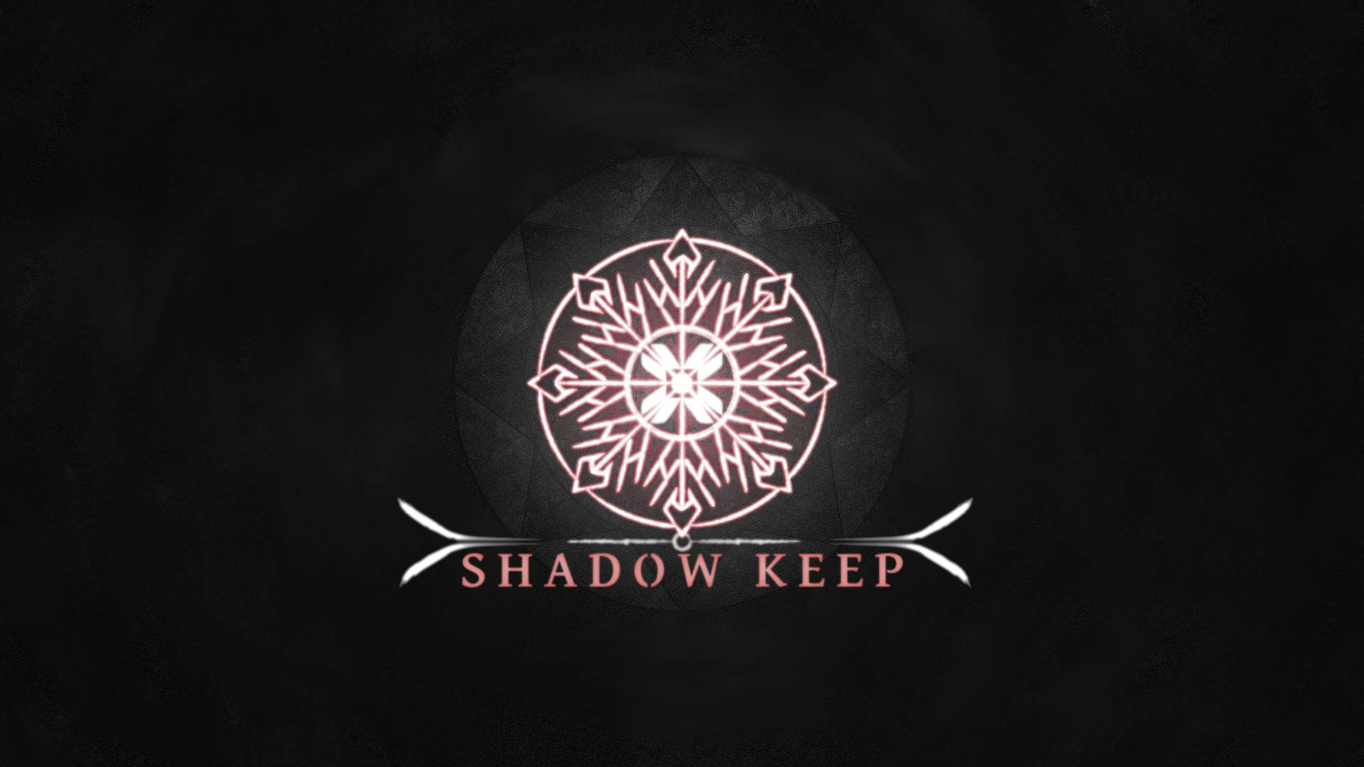 探索夢境之城，對抗噩夢 —《Destiny 2：Shadowkeep》 壁紙 — 一個發光的粉紅色幾何圖案徽章，帶有箭頭圖案，中央有文字「SHADOW KEEP」，背景為深色紋理。