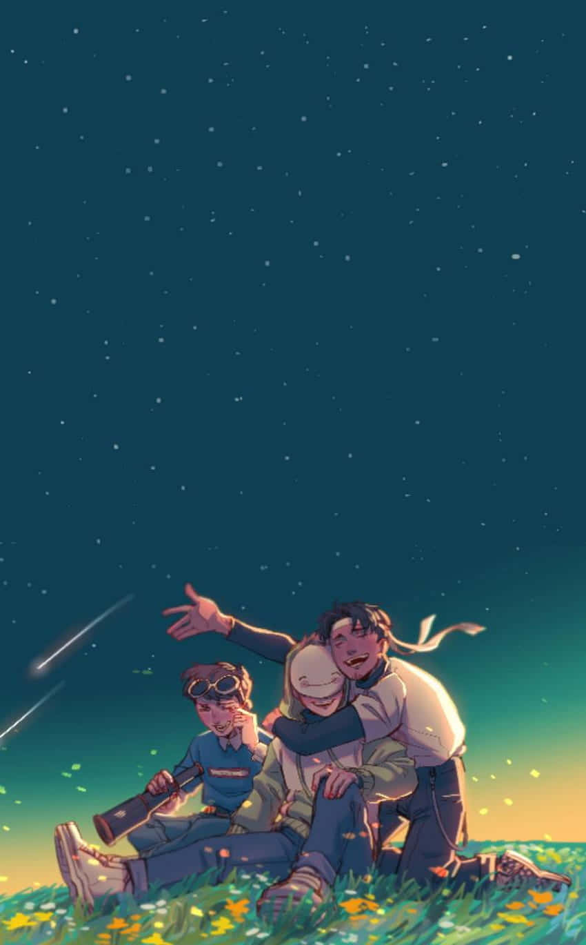 三個朋友在流星劃過的星空下擁抱。