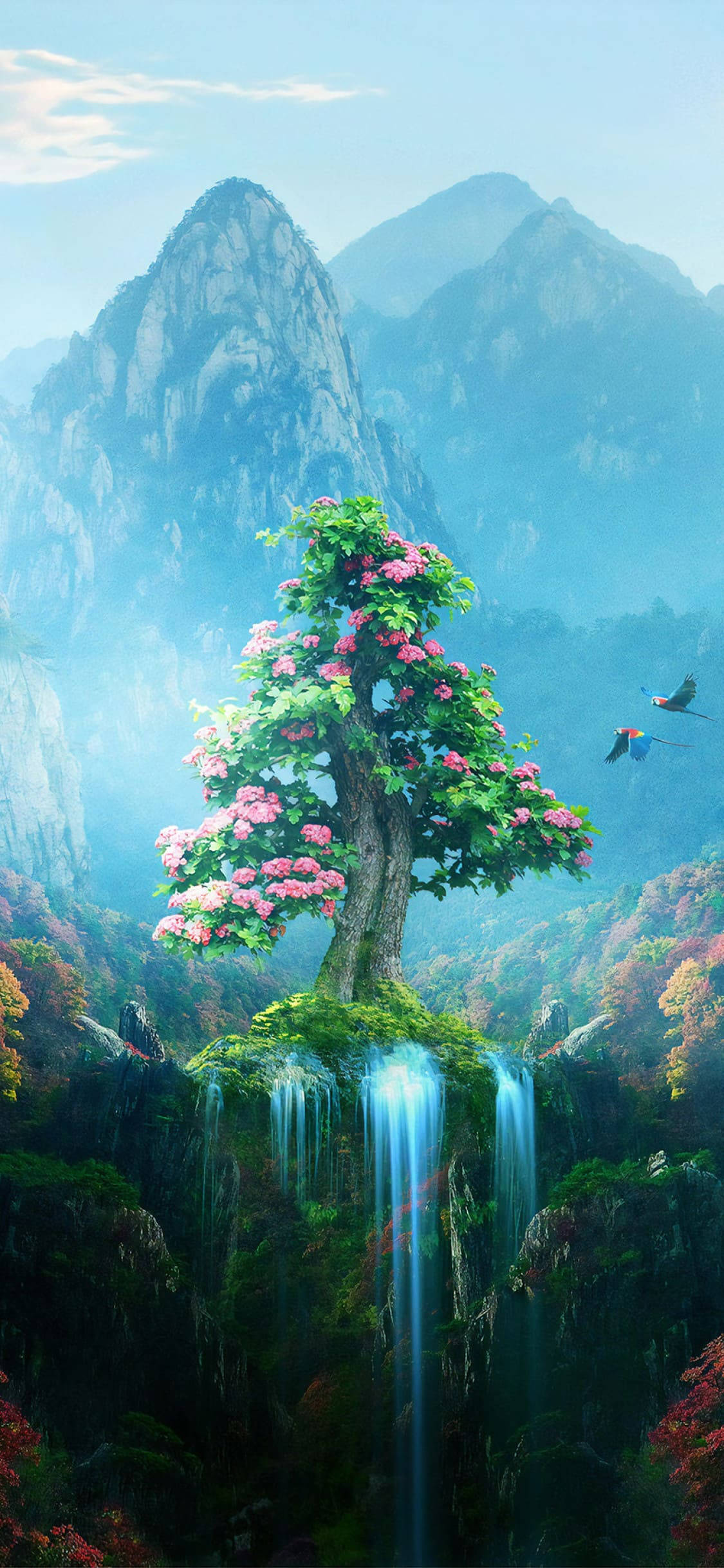 探索夢幻像素自然世界 壁紙 — 一棵孤獨開花的樹，帶有粉紅色花朵，矗立在懸崖頂上，背景有層疊瀑布和霧氣繚繞的山脈。