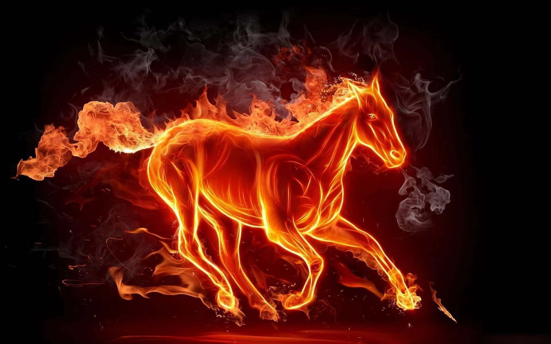 一匹由火焰組成的馬在黑暗背景中帶著煙霧奔跑。