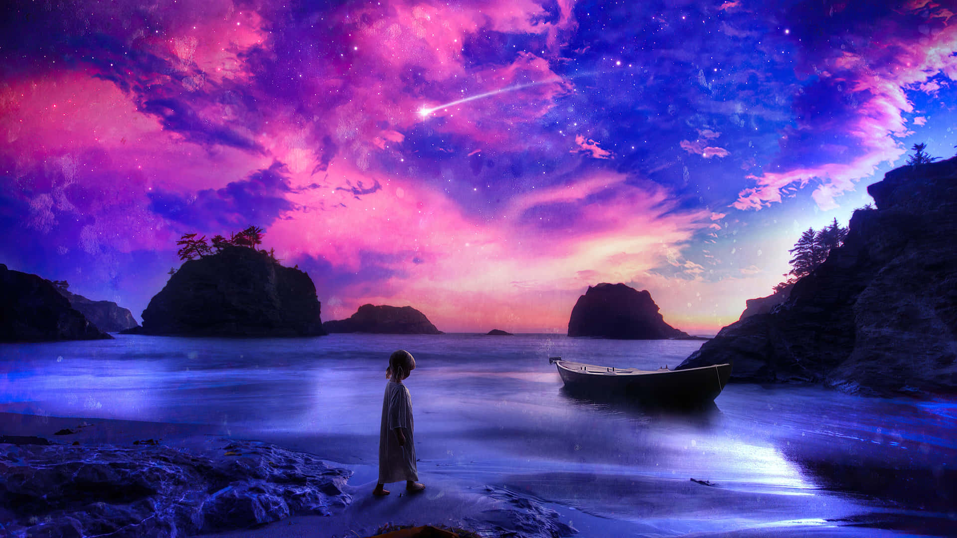 一個人在星空下的海灘上的剪影，附近有流星和一艘船。