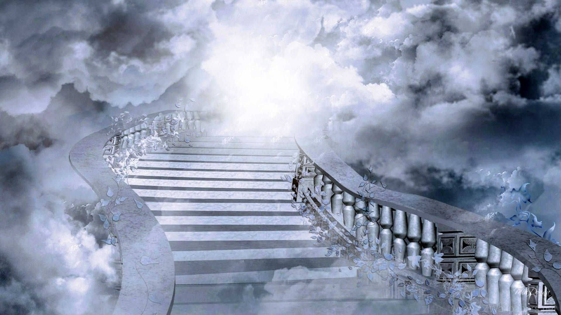 石階梯穿過暴風雲層，向上通往明亮的光。