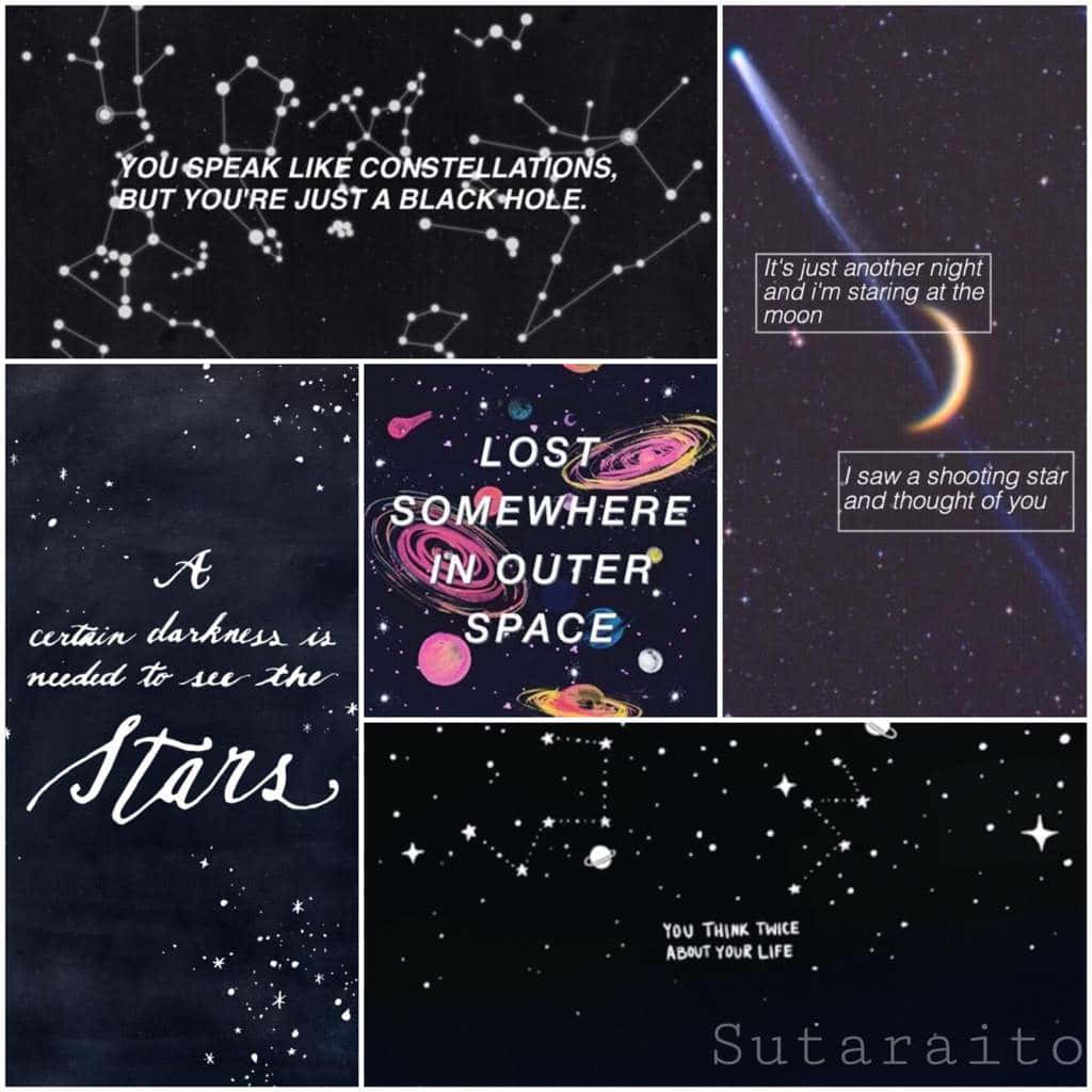 一幅太空語錄拼貼畫，背景為星空，帶有星座和行星。