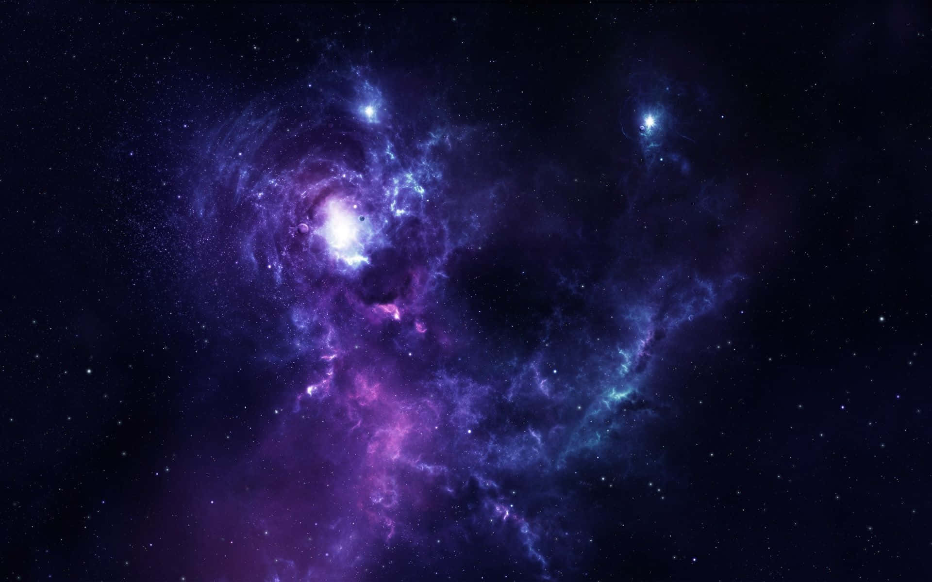 在黑暗宇宙中發光的充滿活力的紫色和藍色星雲，散佈著星星。