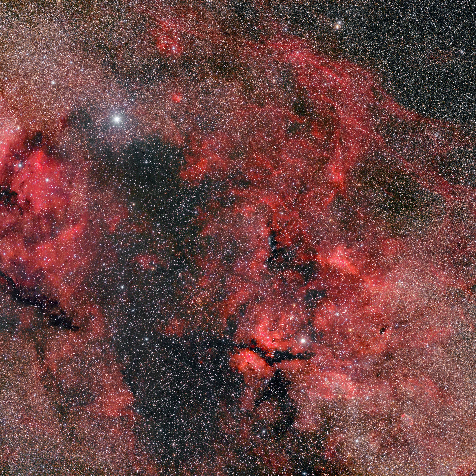 深空中充滿恆星的紅色星雲。