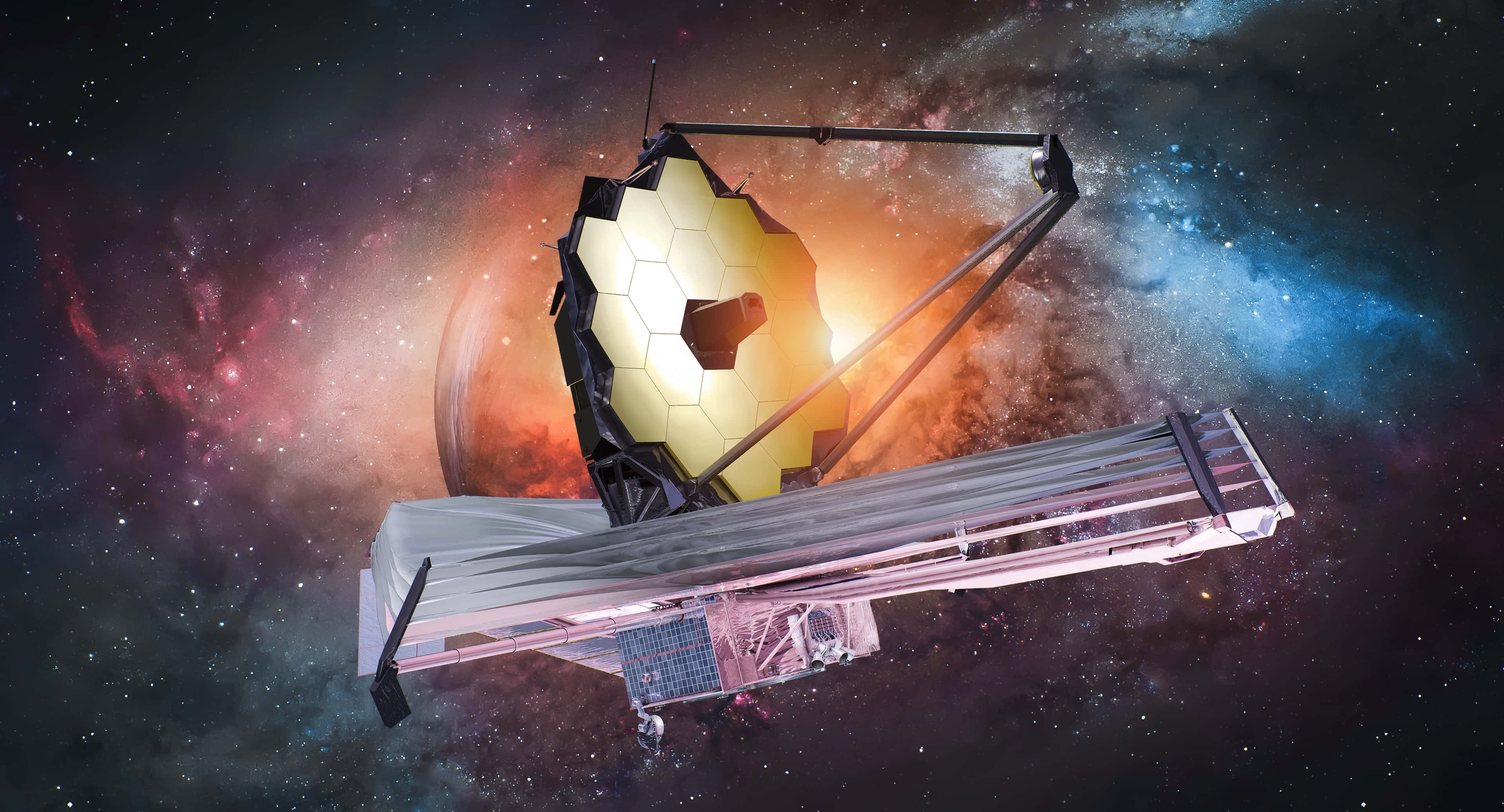 探索太空無盡的可能性 壁紙 — 詹姆斯·韋伯太空望遠鏡在星雲和恆星的鮮豔宇宙背景下漂浮。