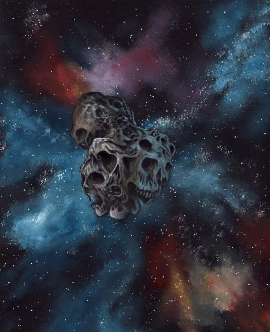 骷髏形狀的小行星漂浮在色彩繽紛的星空星雲中