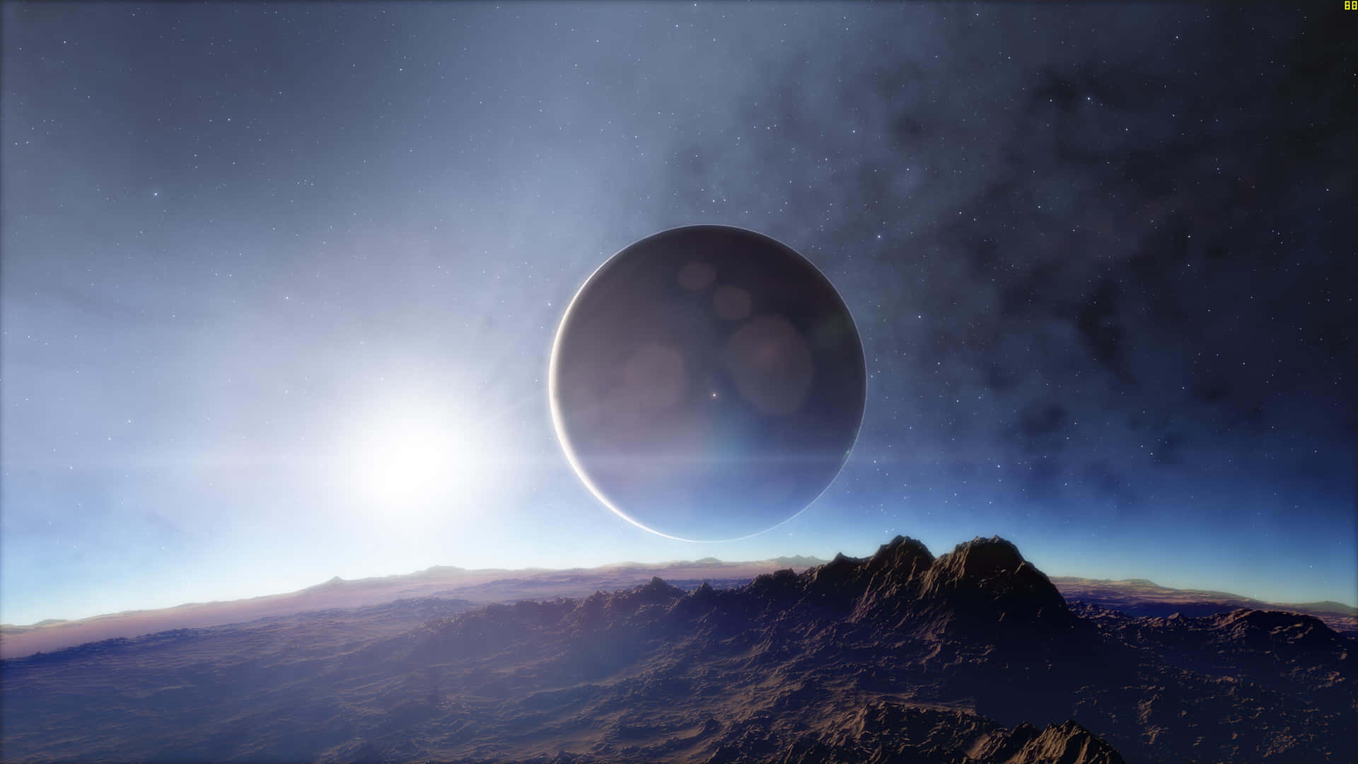 在黑暗行星和發光太陽下的外星山脈。