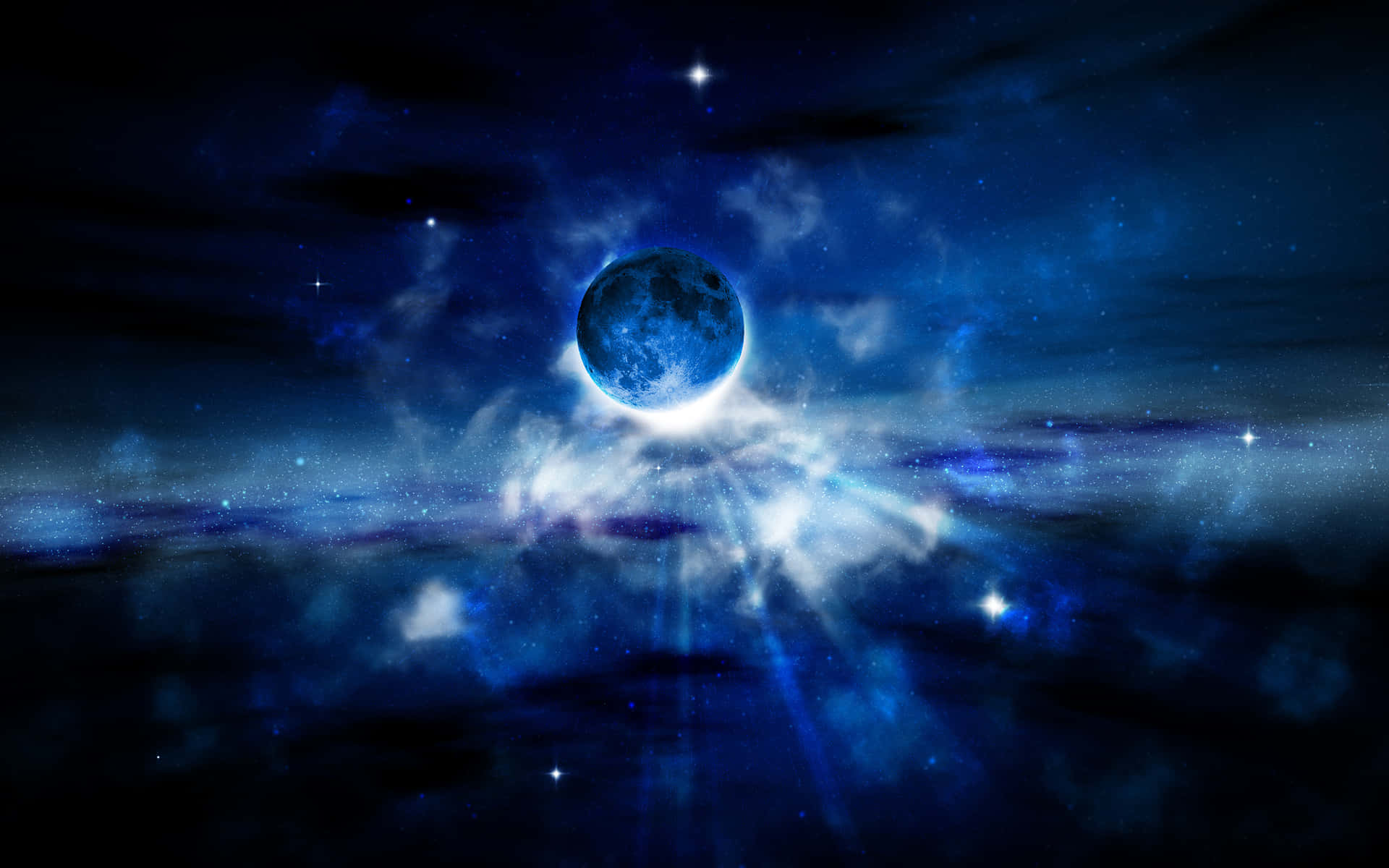 藍月亮在繁星點點的夜空中透過宇宙雲層發光。