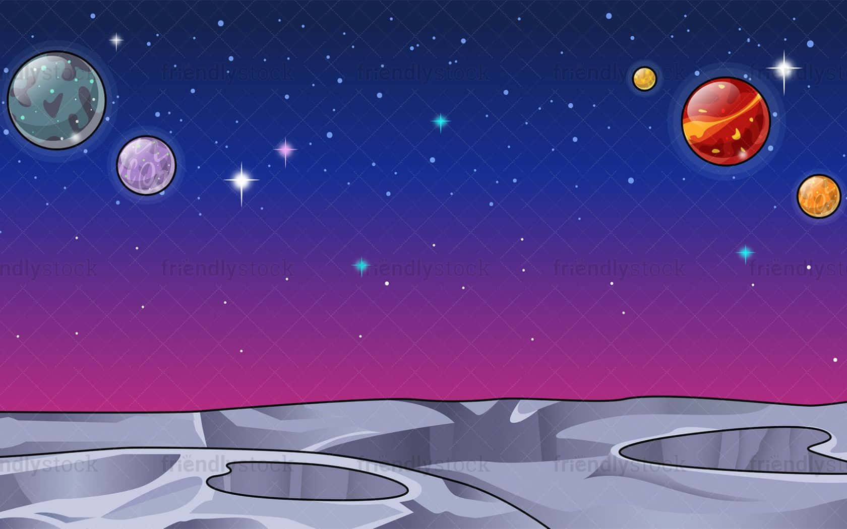 探索太空的高低起伏 壁紙 — 卡通風格的太空場景，色彩繽紛的行星和星星在佈滿隕石坑的灰色月球表面之上。
