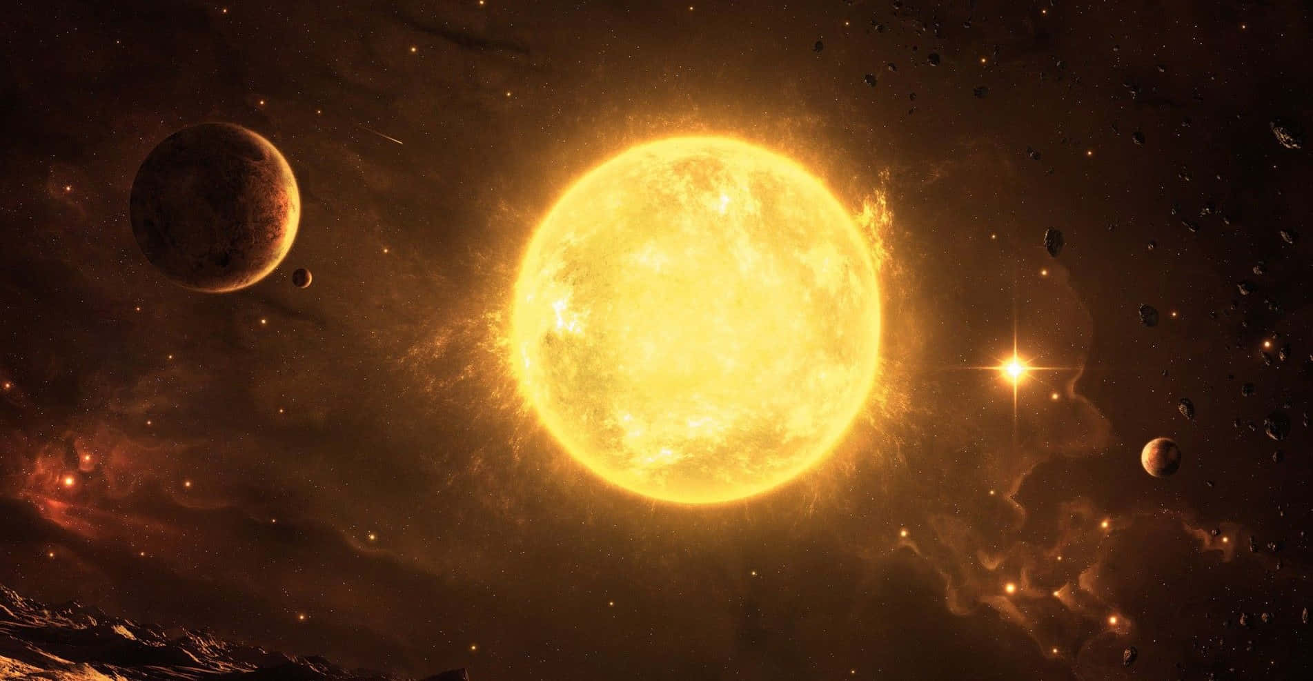 在繁星點點的太空場景中，一顆明亮的太陽、行星和星雲。