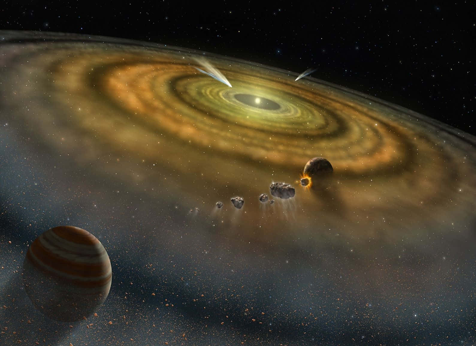 一個原行星盤，帶有小行星和一顆類似木星的行星在深空中。