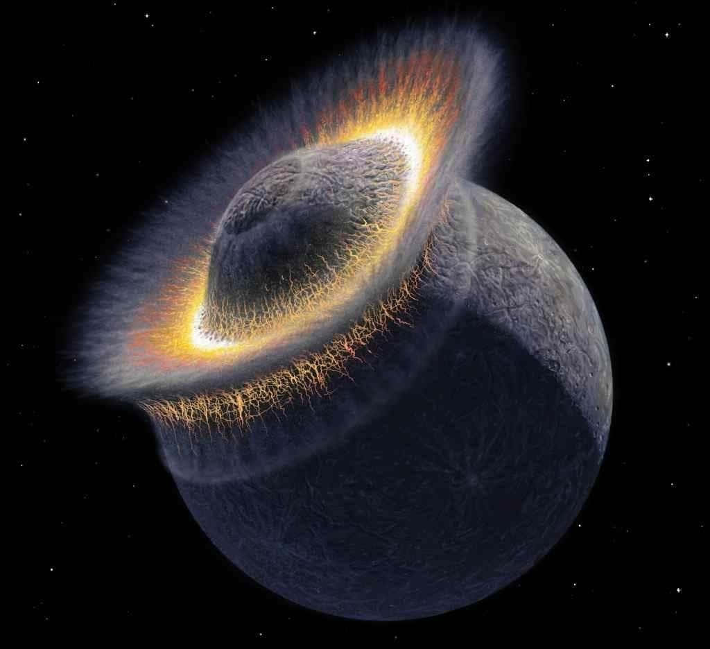 兩顆小行星在太空中碰撞，產生熾熱發光的碎片環。