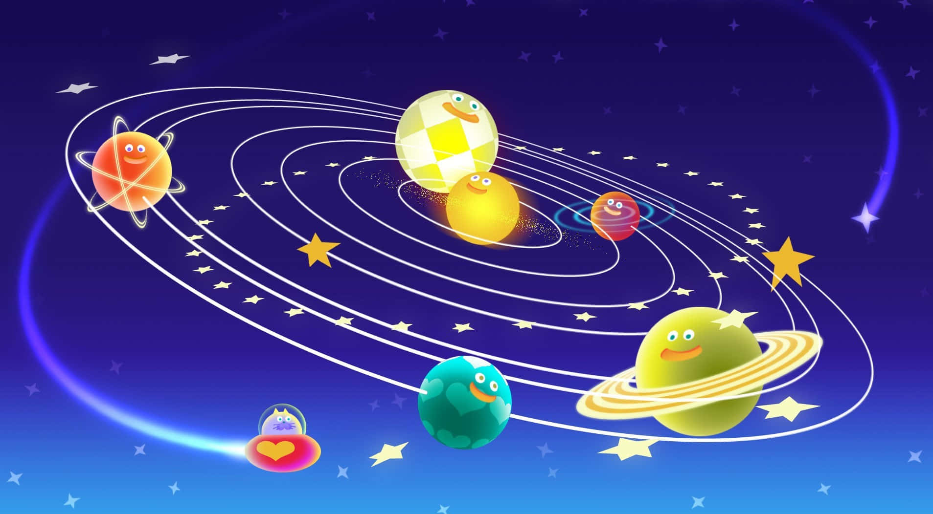 異想天開的卡通行星帶有臉孔，在充滿活力的太陽系中繞著恆星運行。