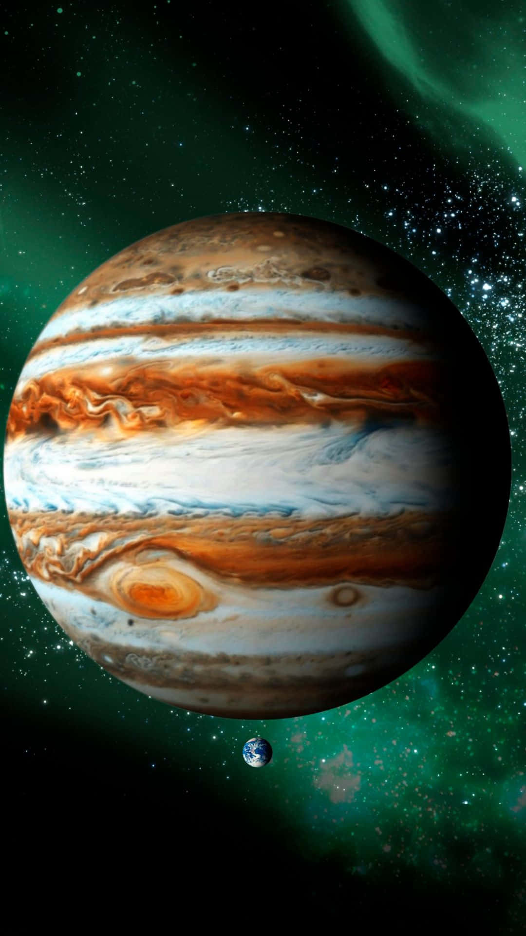 木星與地球，背景是佈滿星星的綠色星雲