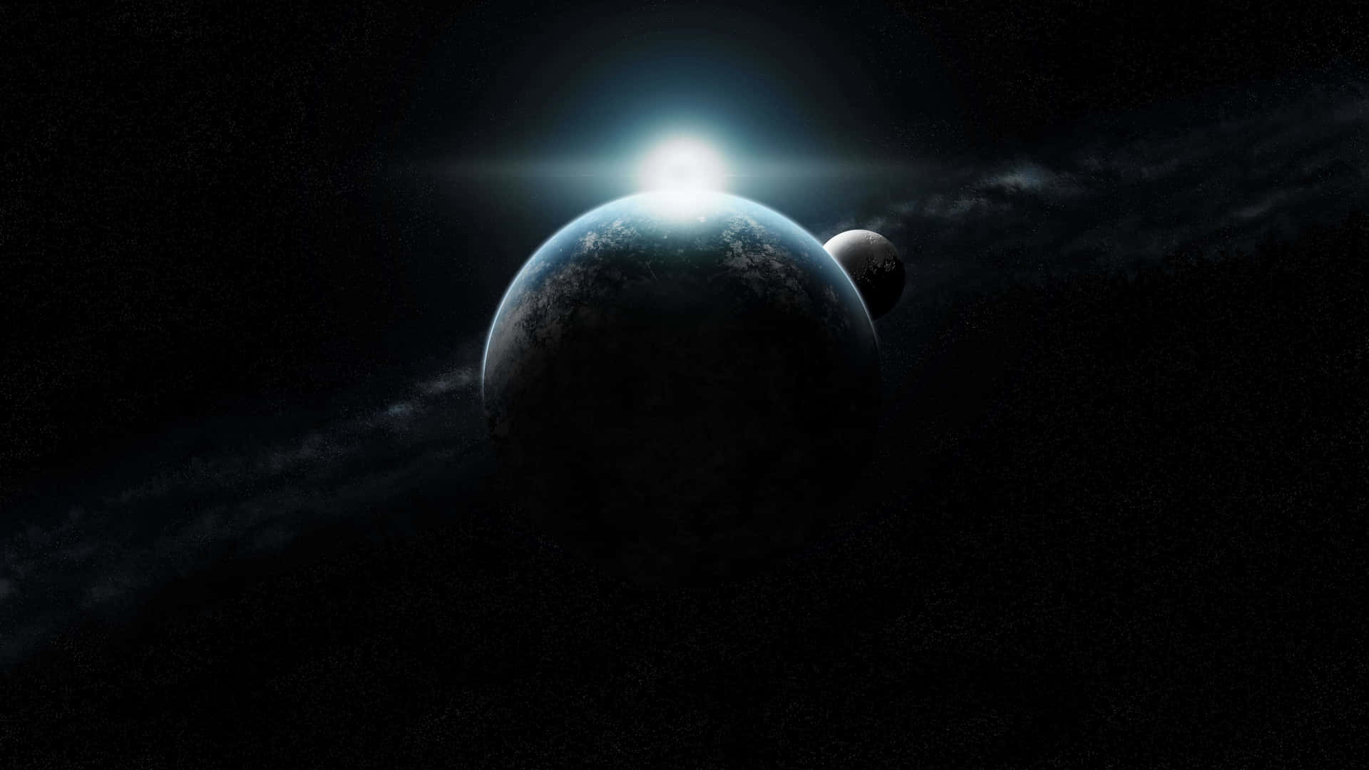 一顆藍色行星，背後有明亮的太陽，太空中有一顆較小的衛星。