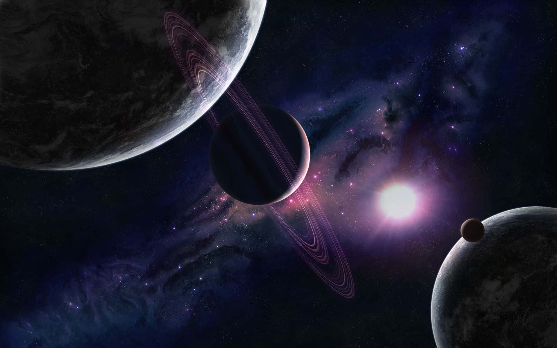三顆帶有光環的行星在色彩繽紛的星雲中繞著一顆明亮的恆星運行。