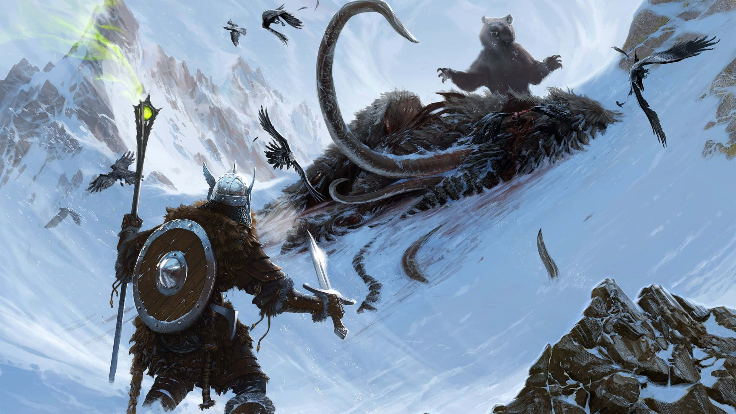 探索奇幻世界，2560 X 1440 《天際》壁紙 壁紙 — 一名身穿毛皮盔甲的戰士在白雪覆蓋的山口對抗一條巨蛇，烏鴉在上空盤旋。