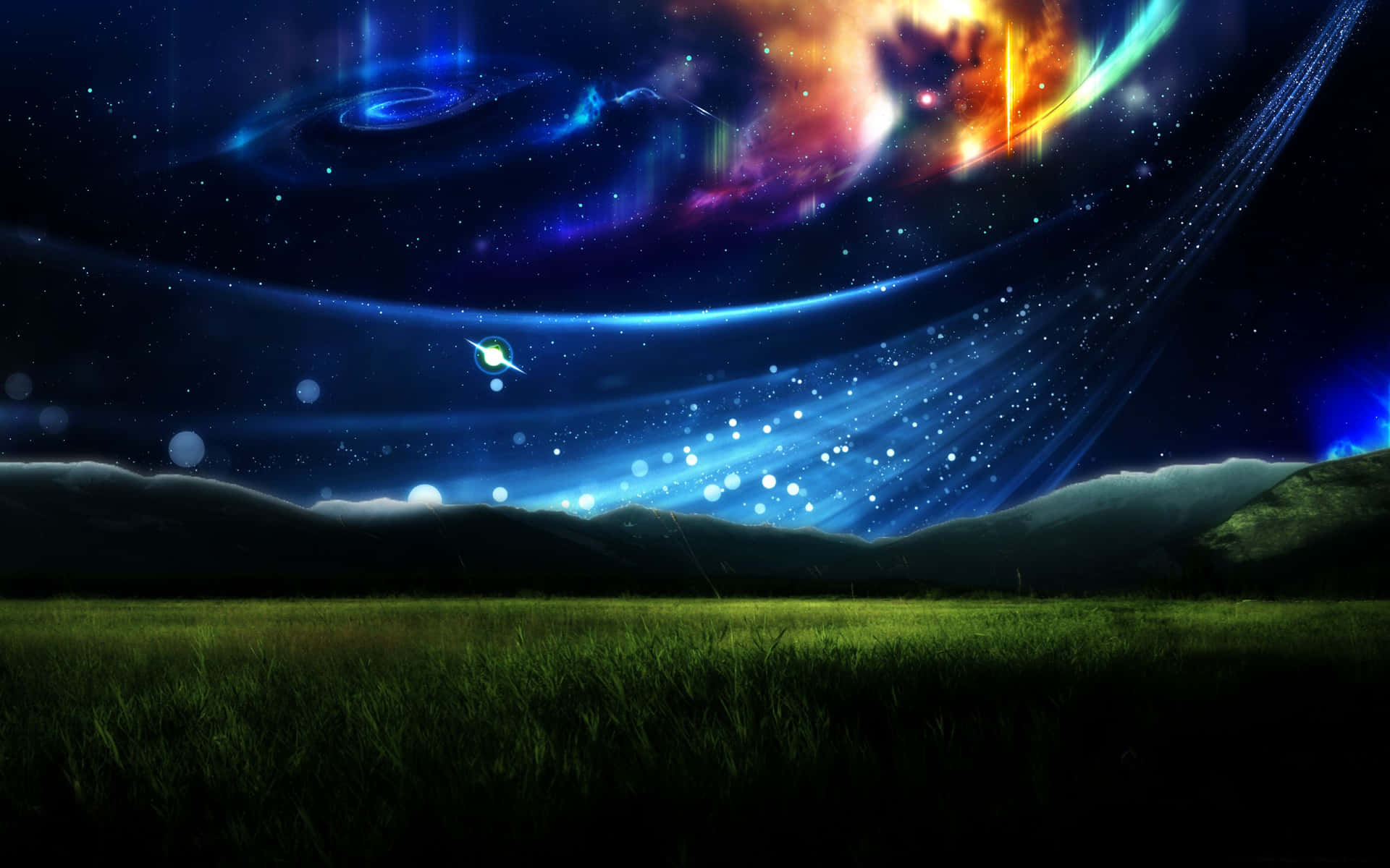 在充滿星系和星雲的宇宙天空下的黑暗山脈和草地。