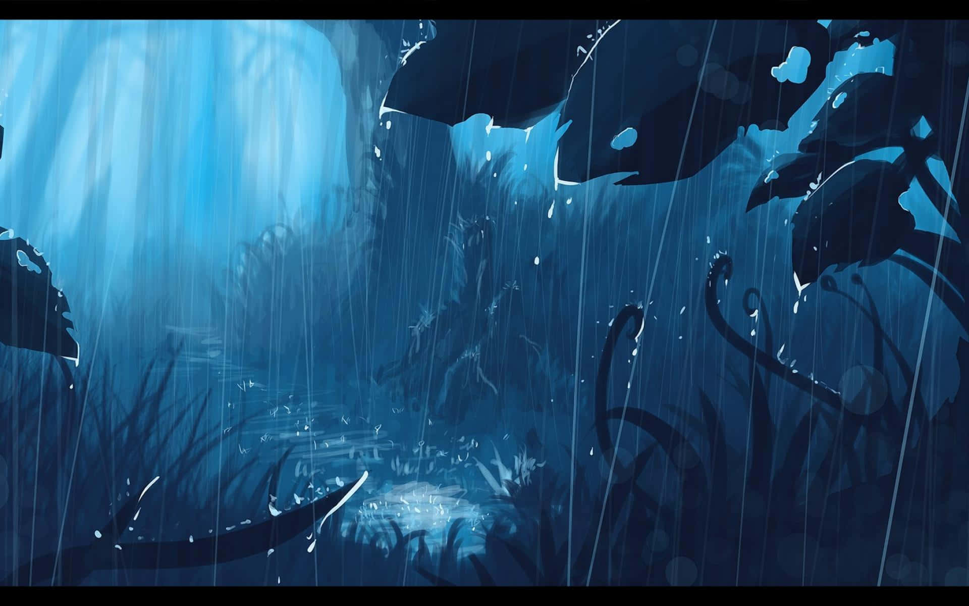 藍色調的叢林場景，大雨傾盆，水滴發光。