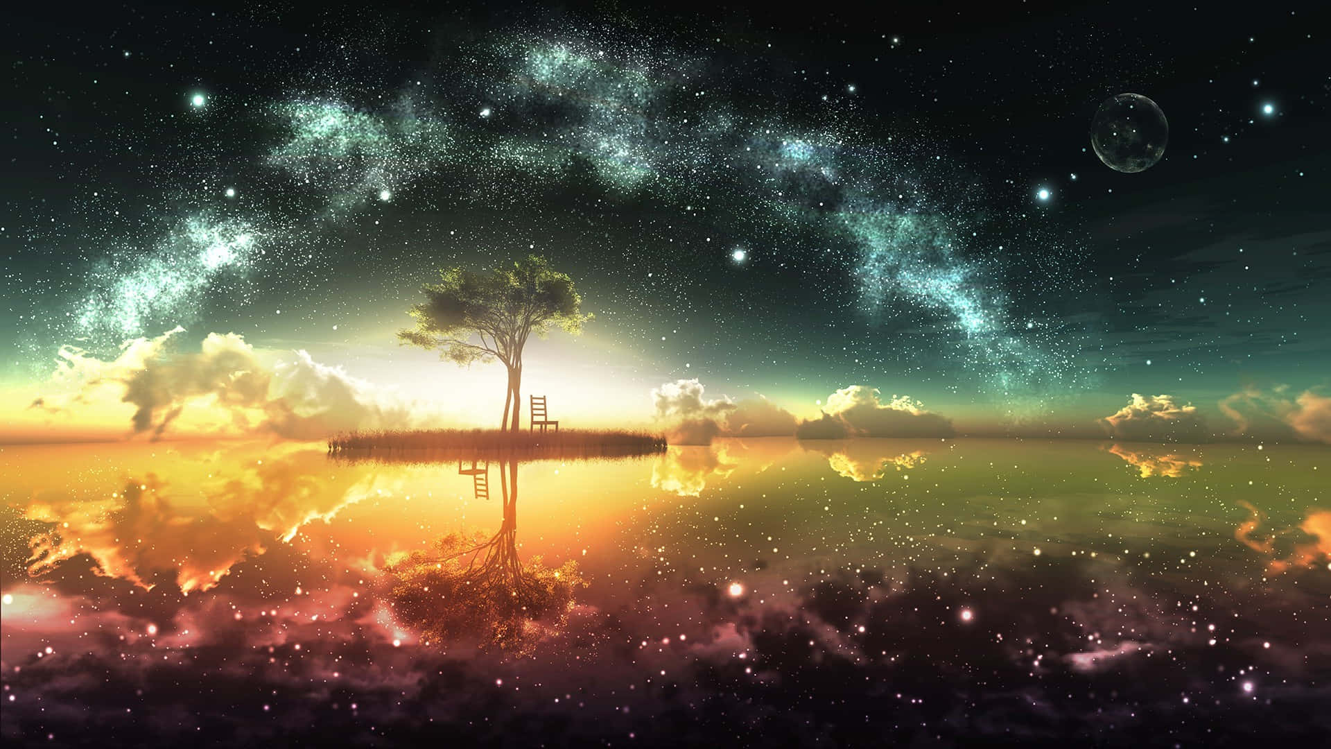 一棵孤樹配有一張椅子在浮島上，下方是水面，映照著繁星點點的宇宙天空。