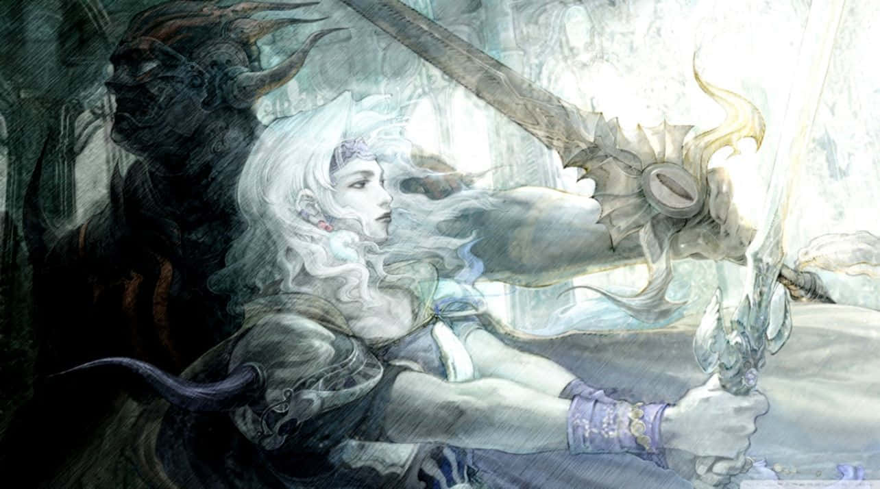 一位女戰士用發光的劍與有角惡魔進行神秘戰鬥。