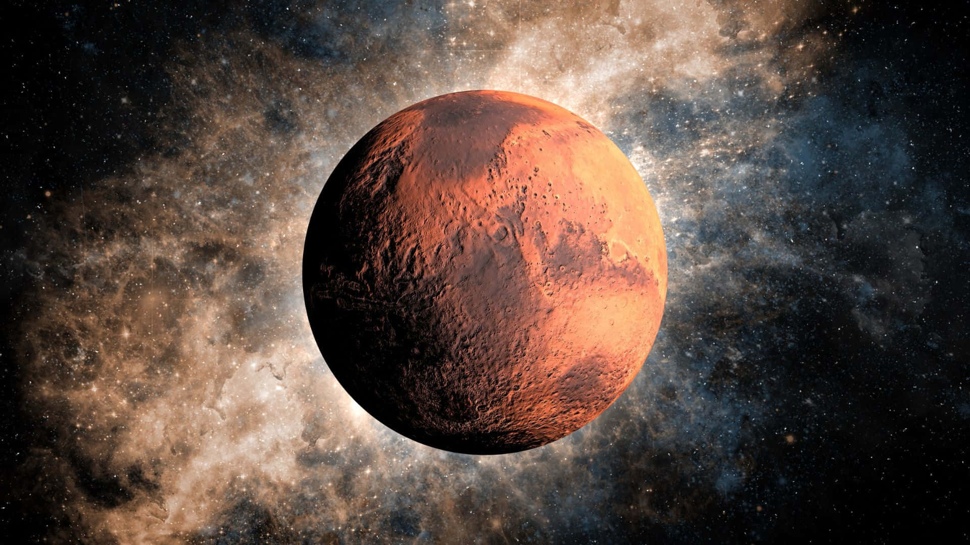 火星在太空中發光，背景是繁星點點的星雲